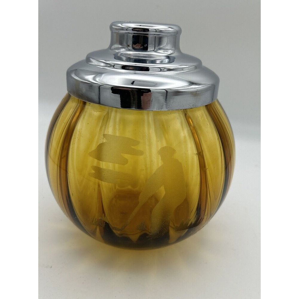 Apothecary Amber Glass Jar Canister Ribbed With Golfer Image‎